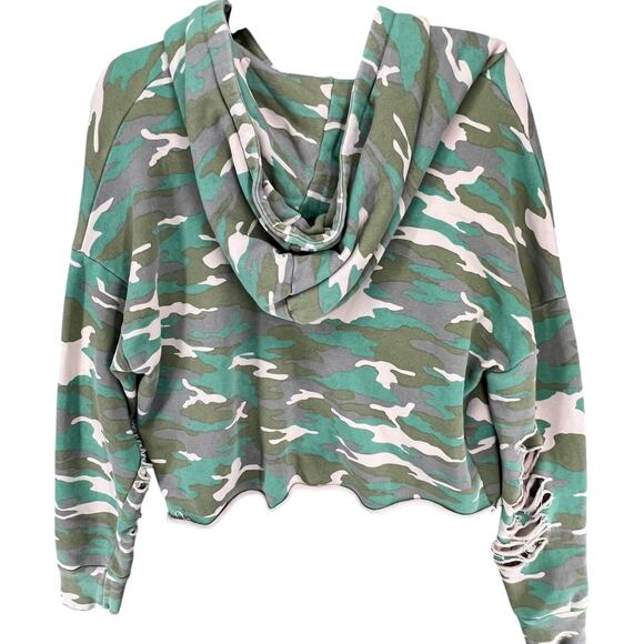 NSF Hoodie Womens M Green Camo Distressed Holes Cropped Sweatshirt USA Grunge - Picture 4 of 14